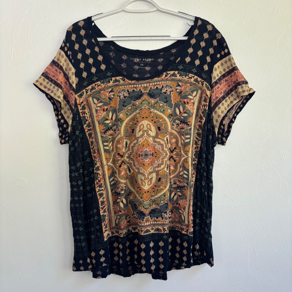Lucky Brand T Shirt Top Medallion Boho Floral Mandala Print Navy Size 2X Fits XL